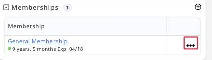 Close crop of the membership row in the Memberships section with the ACTIONS icon boxed