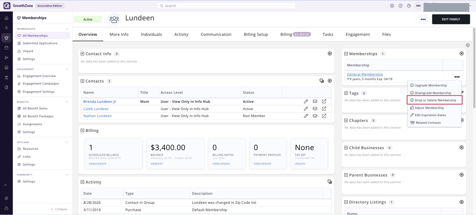 Memberships section on the member’s Profile tab with the ACTIONS menu open and DROP OR DELETE MEMBERSHIP boxed