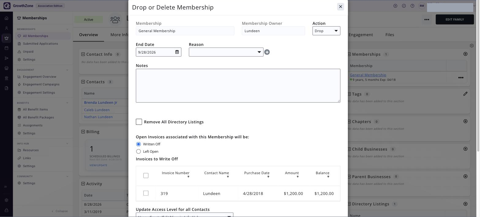Drop or Delete Membership window with the Action dropdown set to Drop, and the End Date, Reason and Notes fields visible