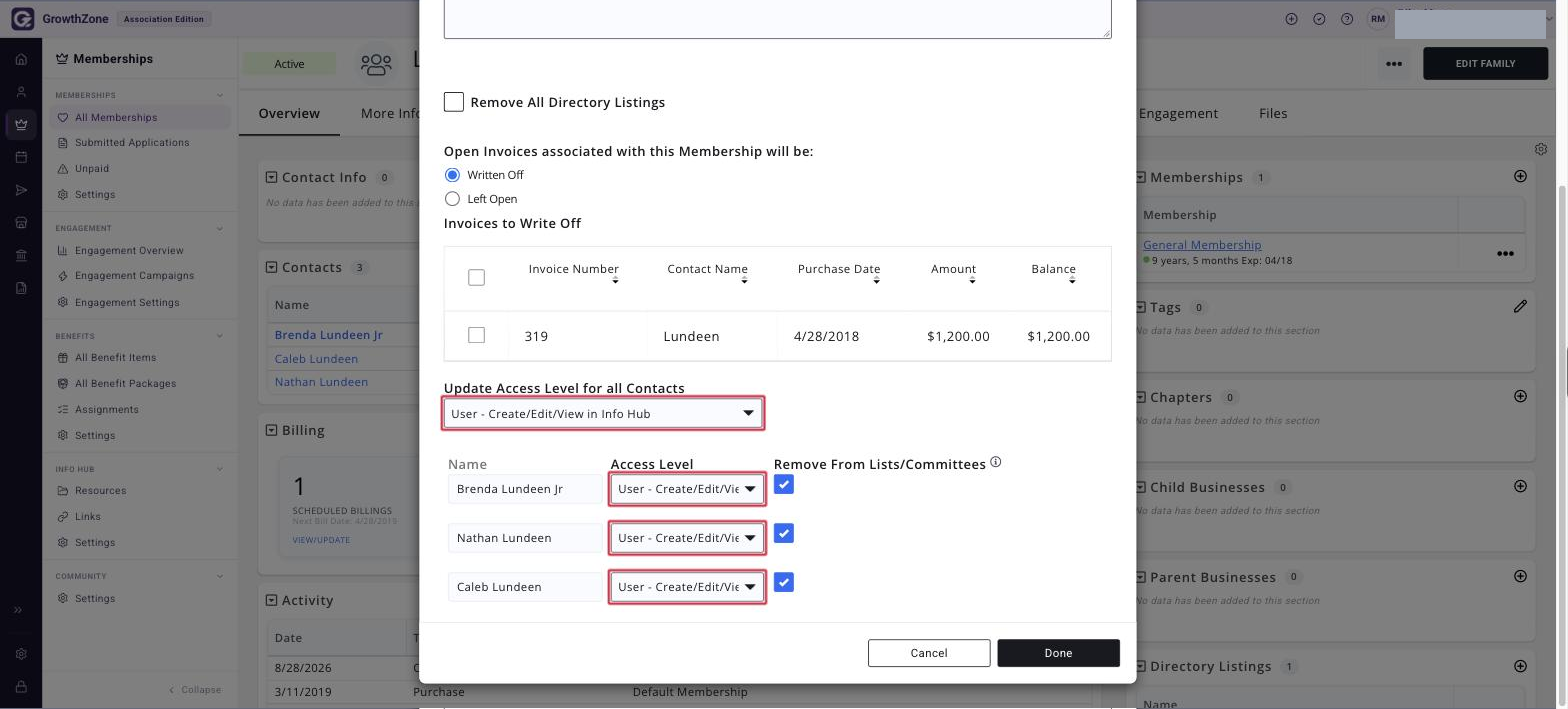 Info Hub access level area of the Drop or Delete Membership window, with the access level selector for the contact and related contacts boxed