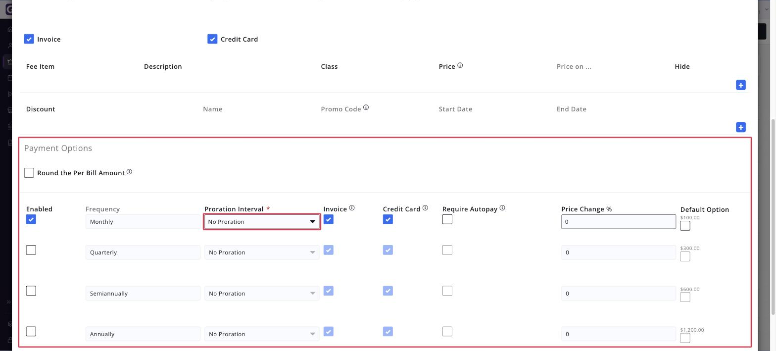 The Edit Membership Billing window scrolled to the Payment Options section, with the section boxed and the Monthly row's Proration Interval selector boxed