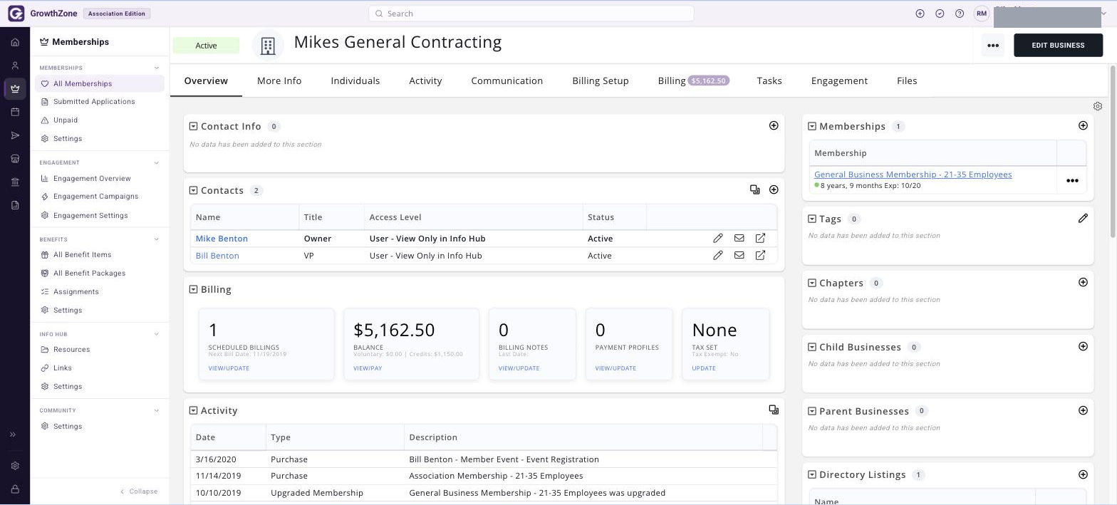 Organization contact record with the Overview tab selected and the Memberships section visible in the right-hand column