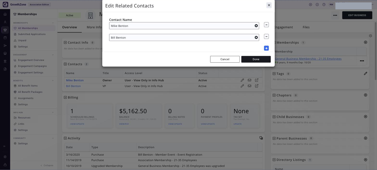 EDIT RELATED CONTACTS dialog listing the contacts related to the membership