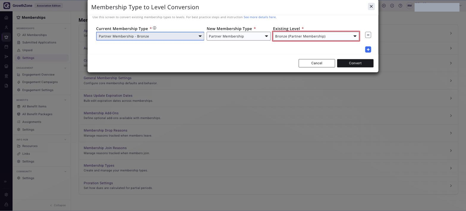 Convert Types to Levels page with a completed conversion row — Bronze Membership mapped to the Bronze level under Small Business Membership — the EXISTING LEVEL selection boxed