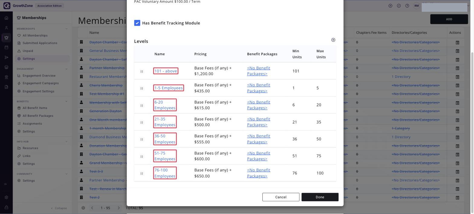 Levels list for the membership type with the level name links boxed