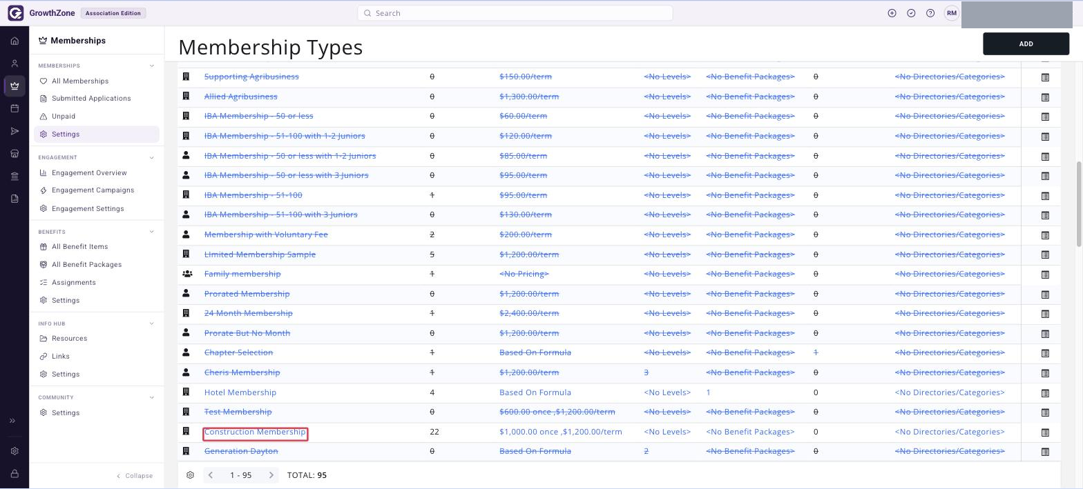 Membership Types grid with the Name column of the target membership type boxed