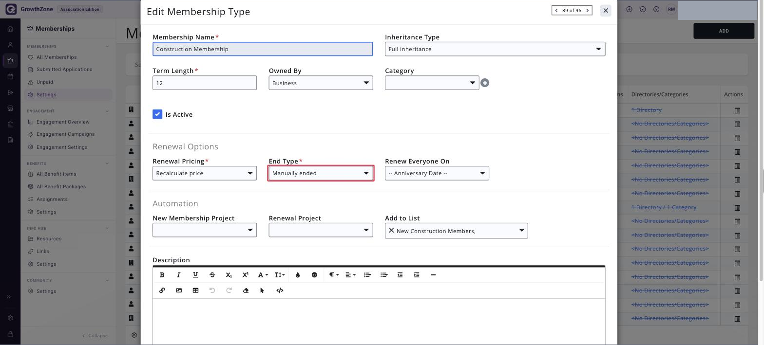 Edit Membership Type screen with the End Type list open and Manually Ended boxed