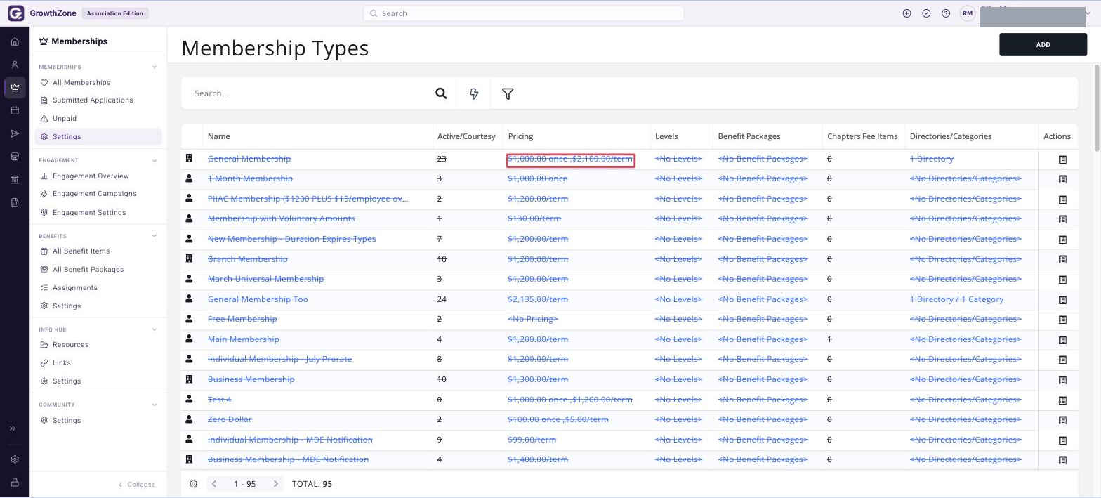 Membership Types page with the Pricing column link boxed on the desired membership type row