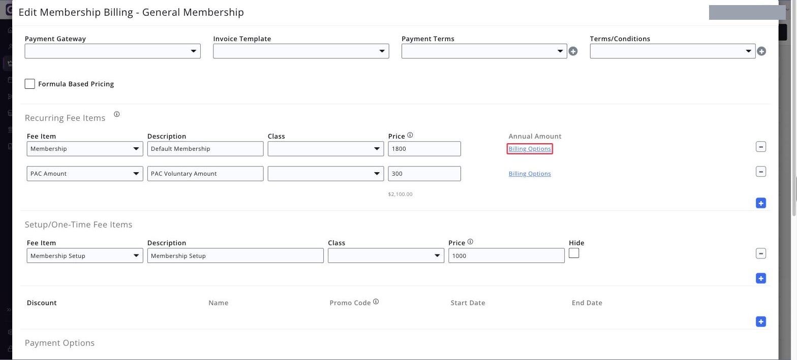 The Edit Membership Billing window with the Billing Options link boxed on a Recurring Fee Items row