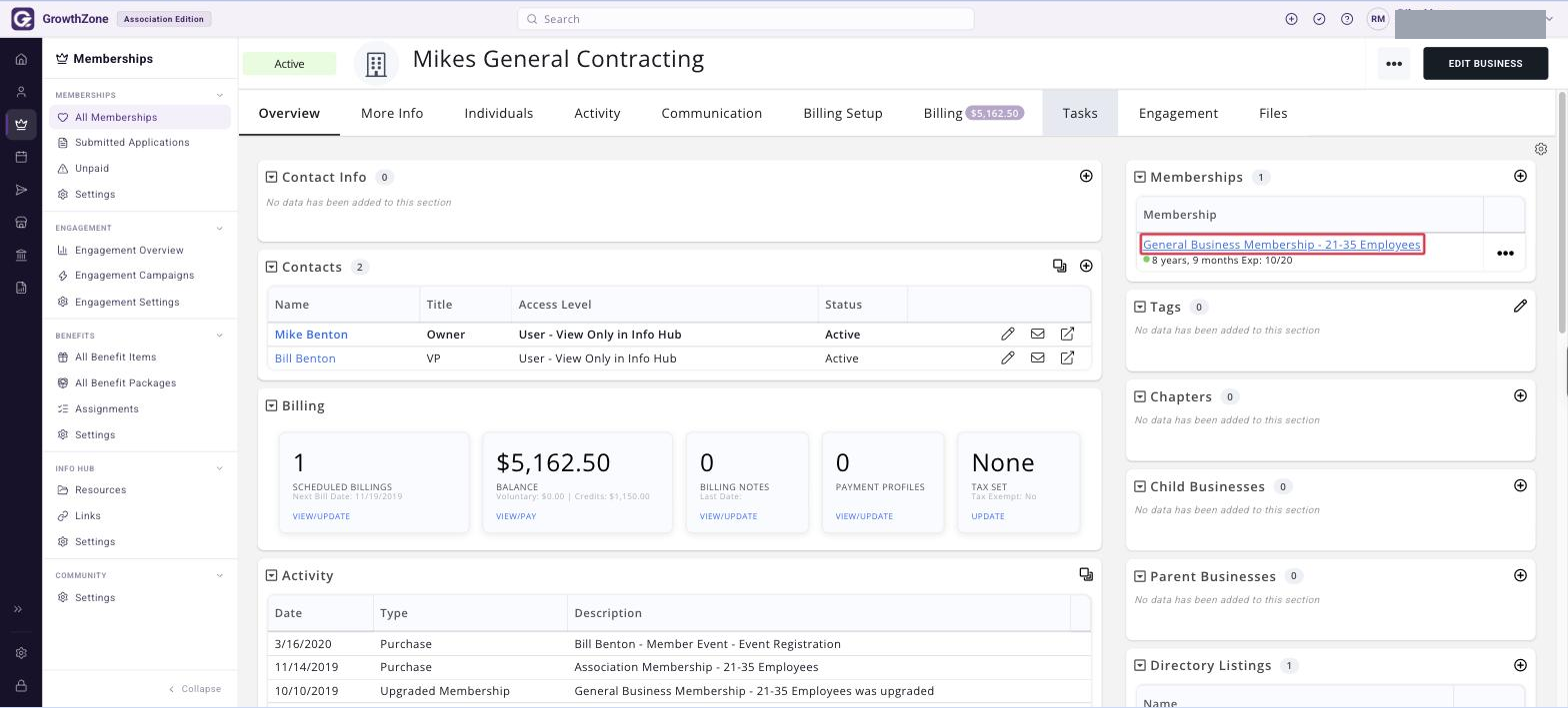 Memberships section on the contact’s Overview tab with the membership name boxed