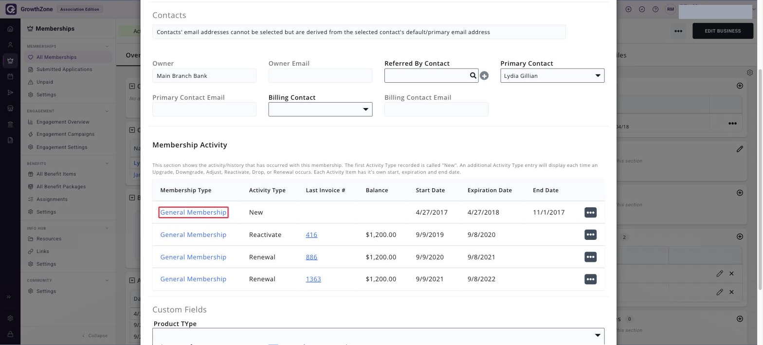Membership Details window with the Membership Activity section shown and the MEMBERSHIP TYPE link on the Activity Type “New” line boxed