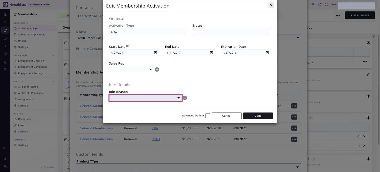 Edit Membership Activation window with the JOIN REASON drop-down boxed