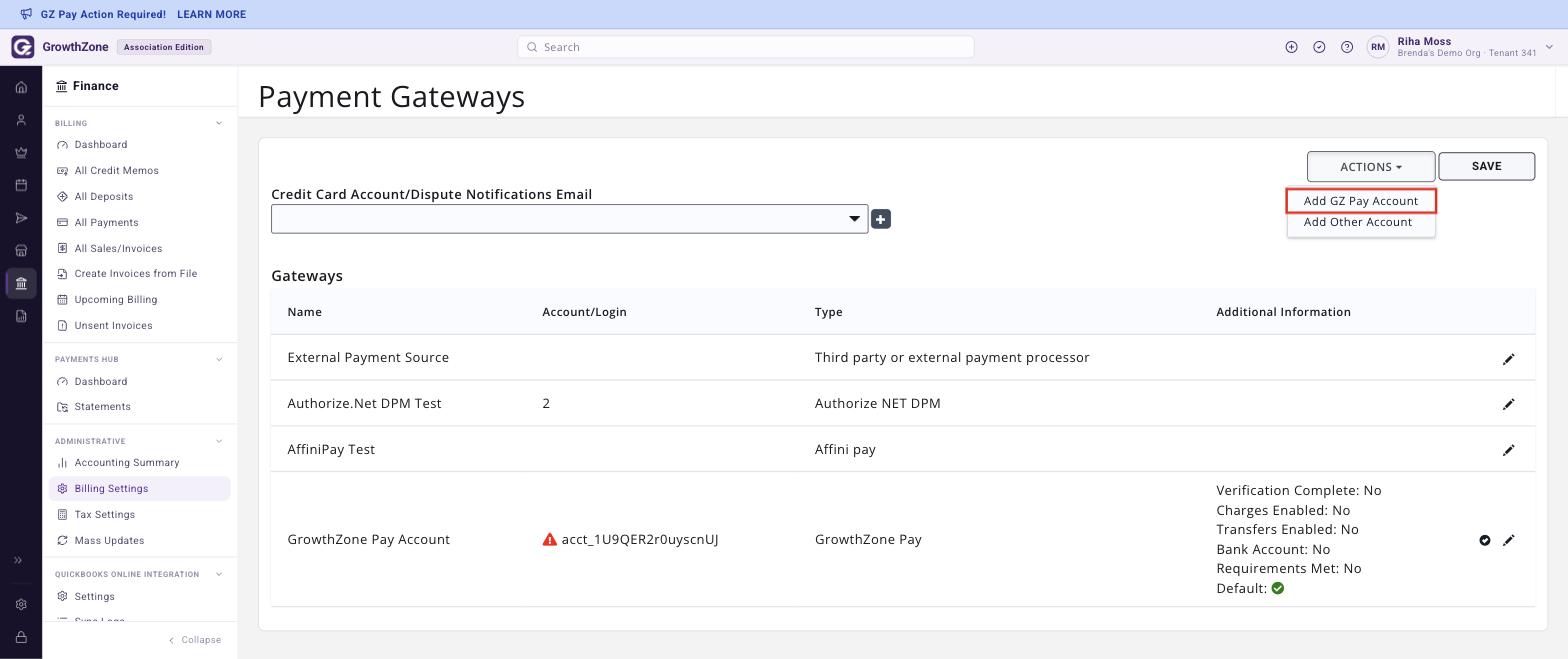 Payment Gateways page with the ACTIONS menu open and Add GZ Pay Account boxed