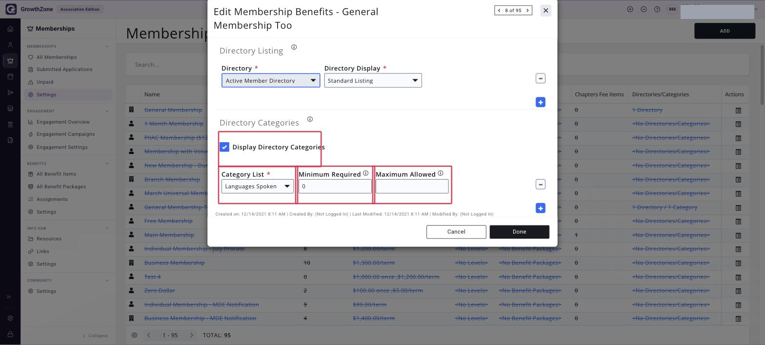 Directory Categories area with the Display Directory Categories checkbox, Category List, Minimum Required and Maximum Allowed fields boxed