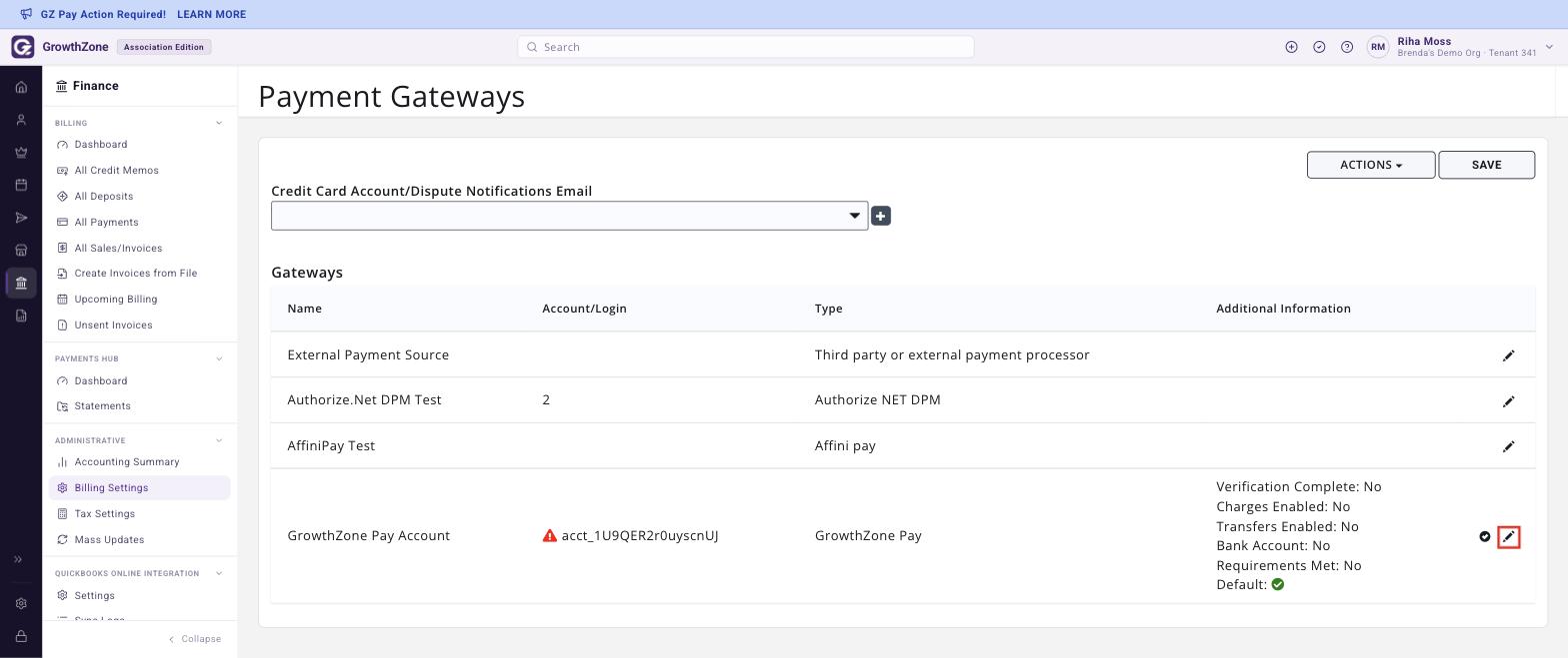 Payment Gateways list with the GrowthZone Pay Account gateway pencil icon boxed