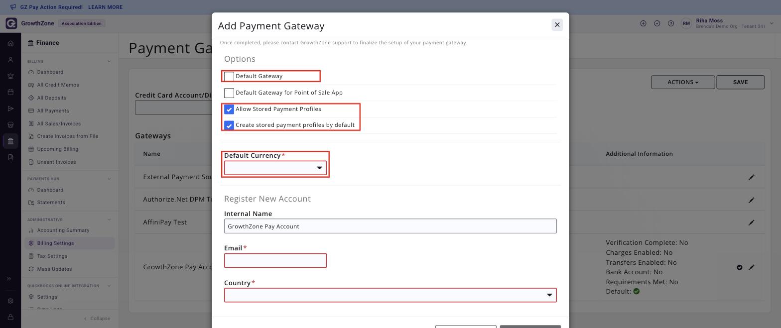 Add Payment Gateway screen with the Default Gateway, Allow Stored Payment Profiles, Create stored payment profiles by default and Default Currency fields boxed
