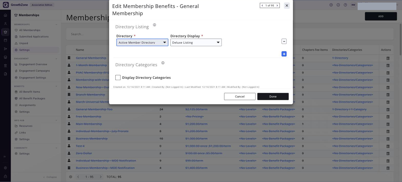 The Edit Membership Benefits window for a membership type, showing the Directory Listing and Directory Categories areas