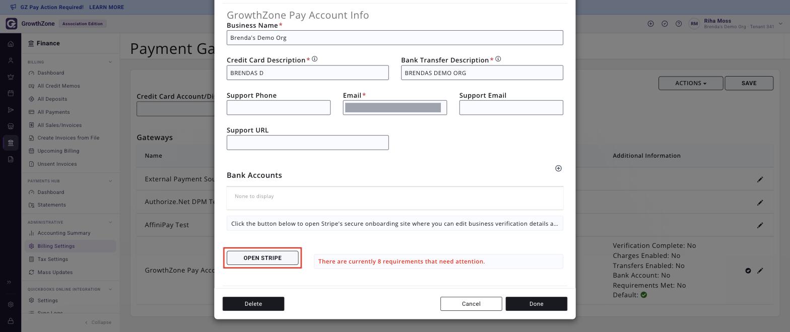 Edit Payment Gateway screen with the OPEN STRIPE button boxed
