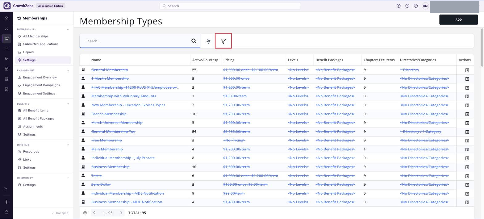 Membership Types grid toolbar with the CUSTOMIZE FILTERS icon boxed