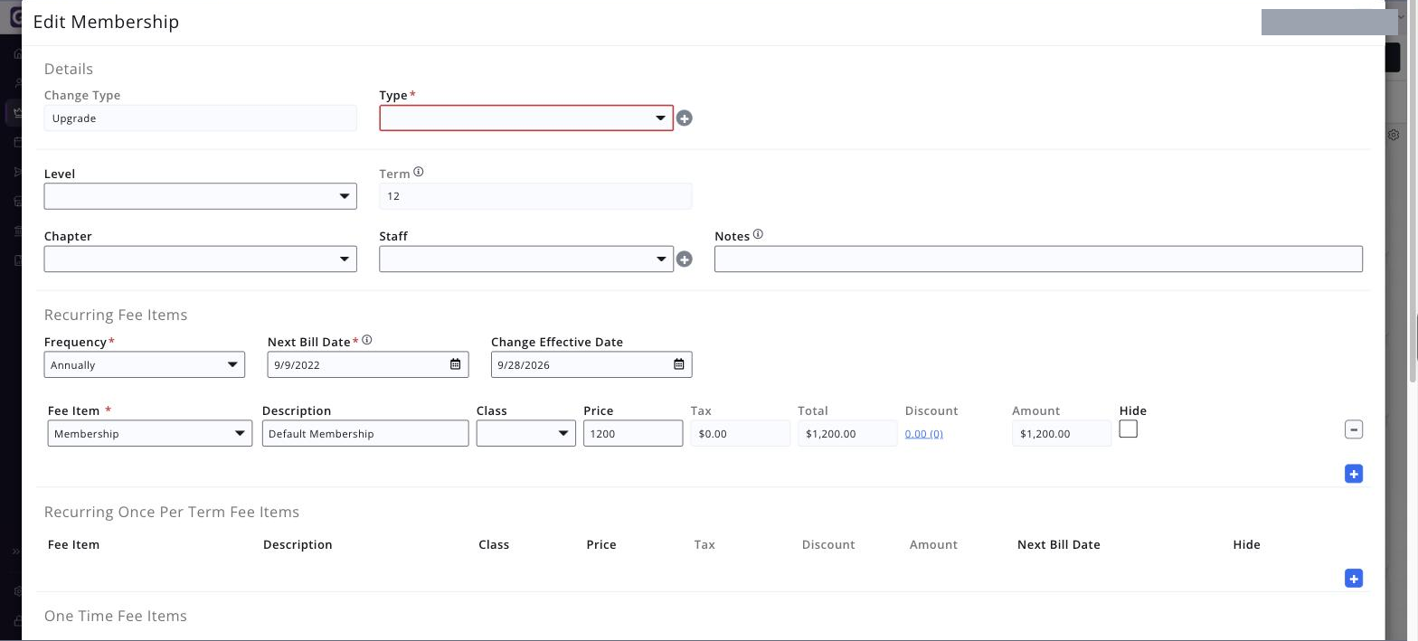 Edit Membership screen opened from Upgrade Membership, showing the Details, fee item and Invoice Options areas