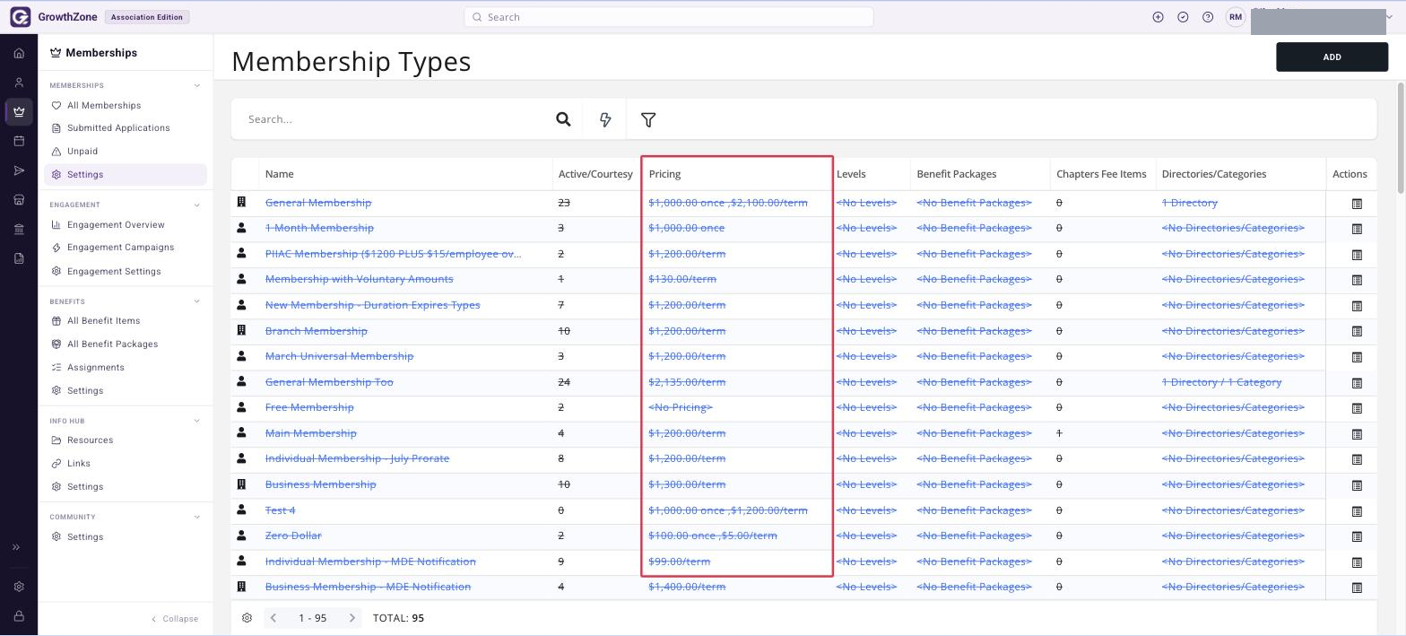 Membership Types page reached from Memberships > Settings, with the Pricing column boxed, to orient learners before they start Module 1