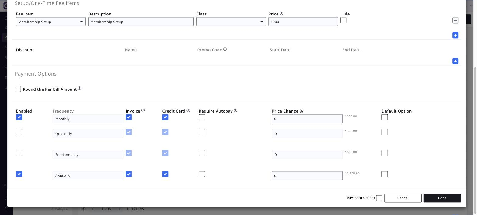 Payment Options section at the bottom of the Edit Membership Billing window, showing the Round the Per Bill Amount checkbox above the grid and the Enabled, Frequency, Invoice…