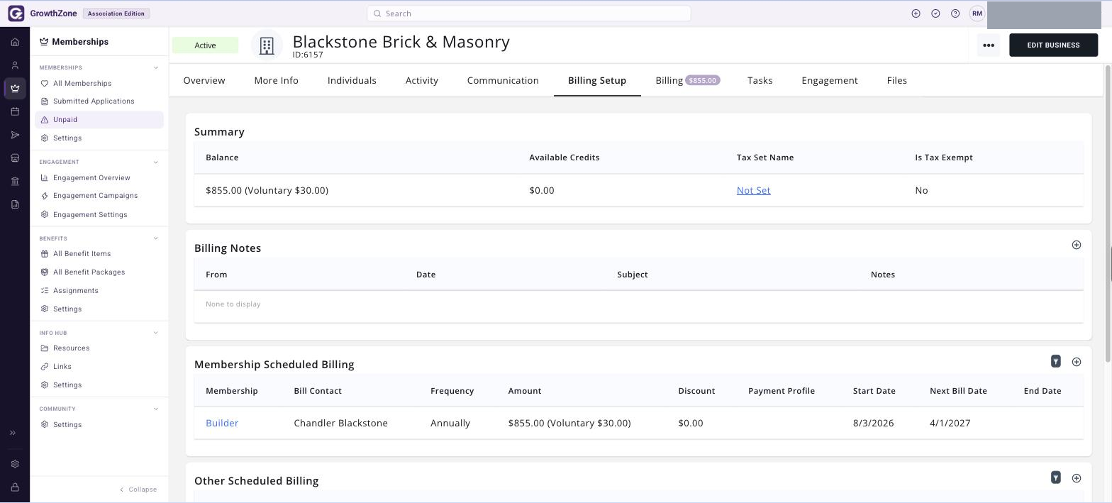 Contact record with the Billing Setup tab selected and the Membership Scheduled Billing section visible