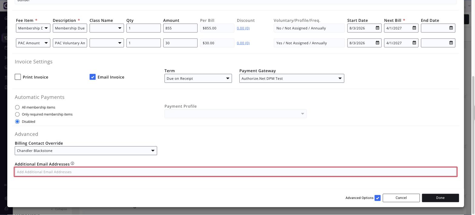 Advanced Options expanded with the Additional Email Addresses field boxed