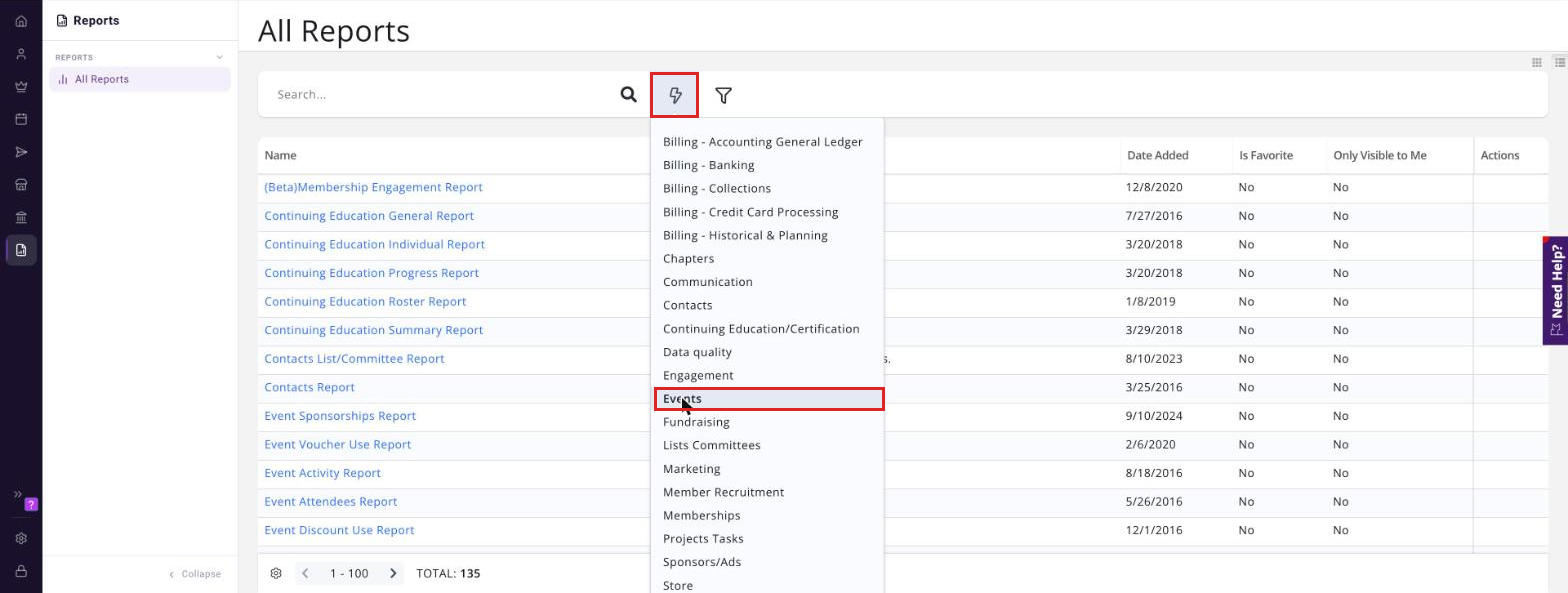 All Reports page in the Reports rail with the Quick Filter open and Events highlighted