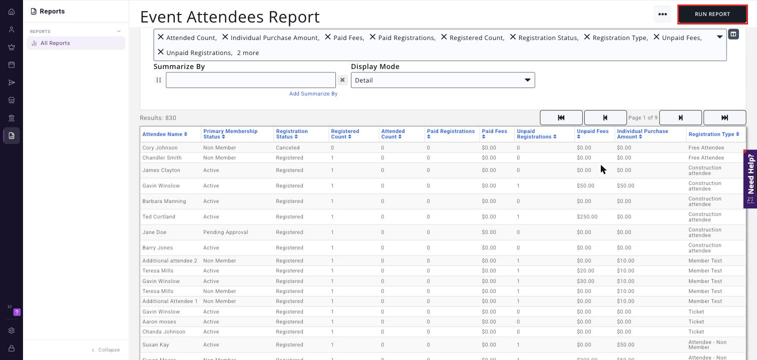 Event Attendees Report results below the criteria, with the Run Report button boxed