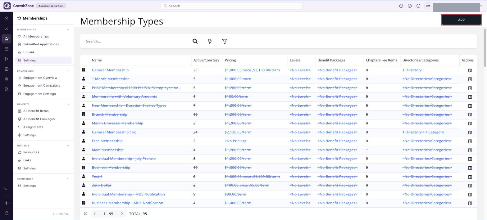 Top of the Membership Types page with the ADD button boxed