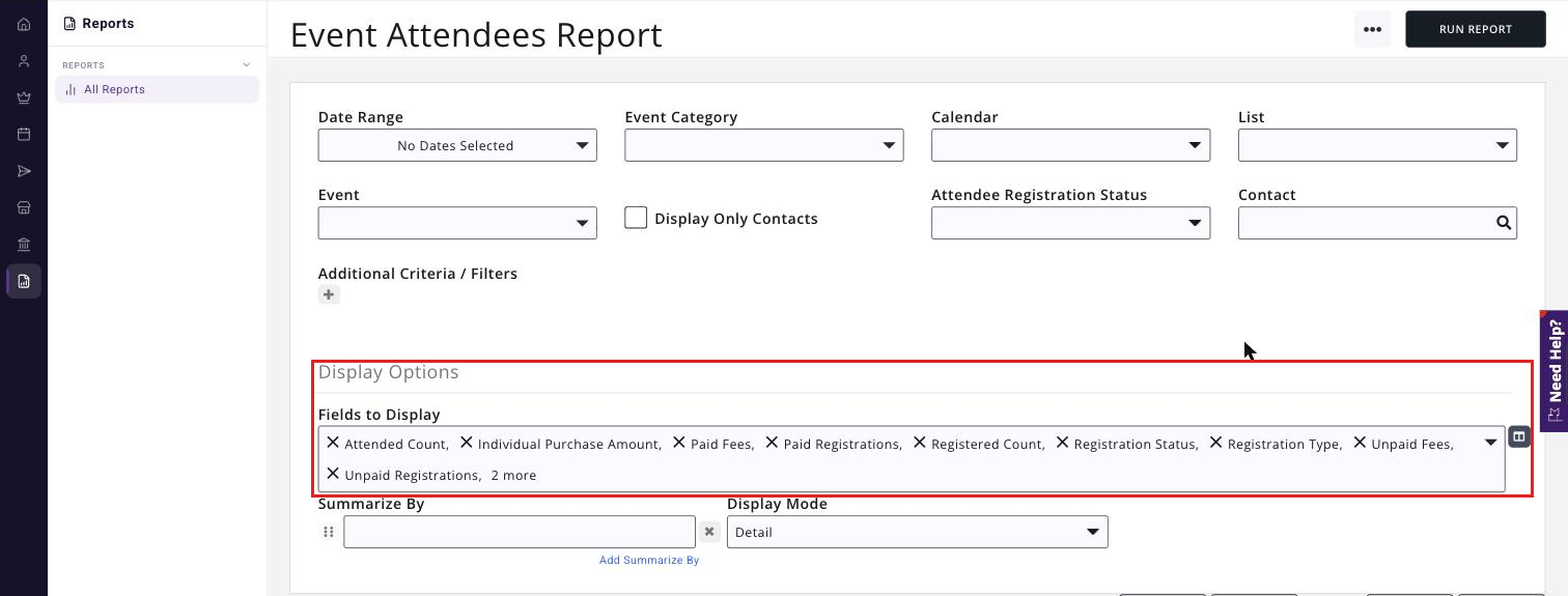 Event Attendees Report criteria page with the Display Options section and Fields to Display boxed