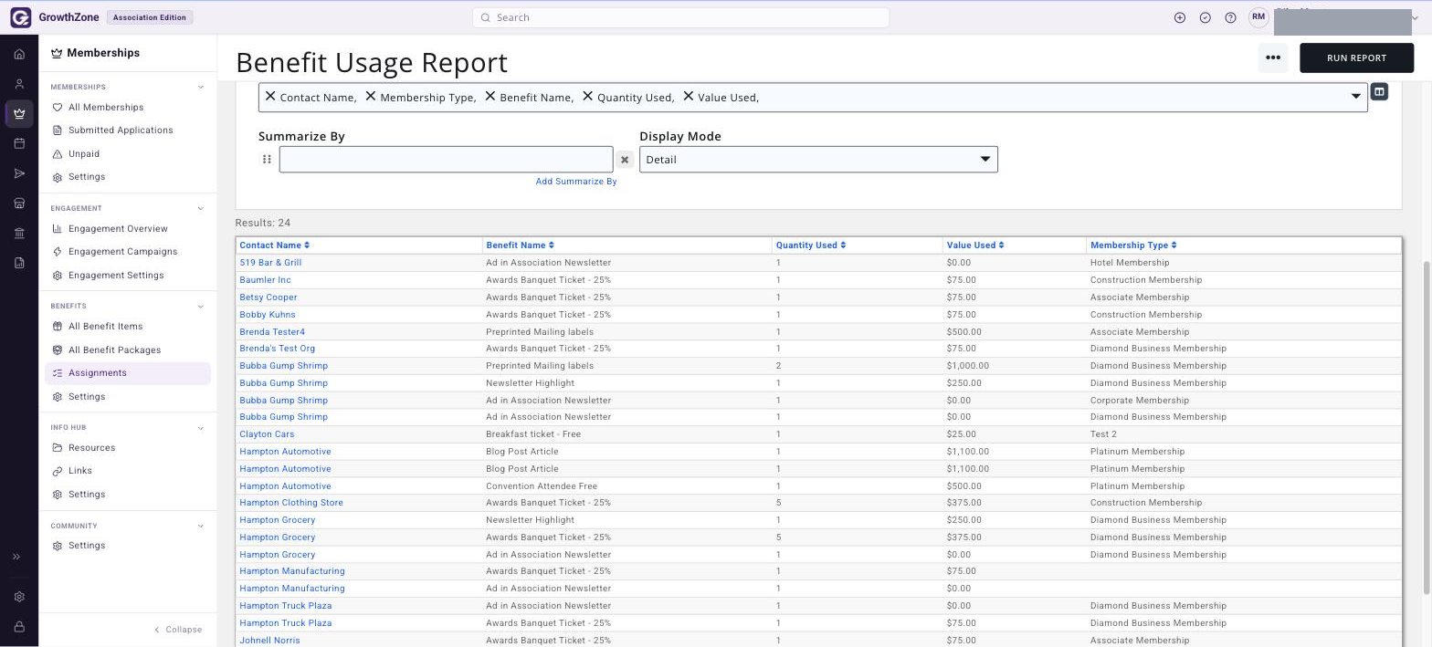 Sample Benefit Usage Report results grid showing member names, benefit items and usage dates
