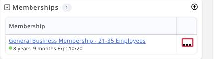 Close crop of the Memberships section header plus the membership row, with the ••• ACTIONS control on the row boxed