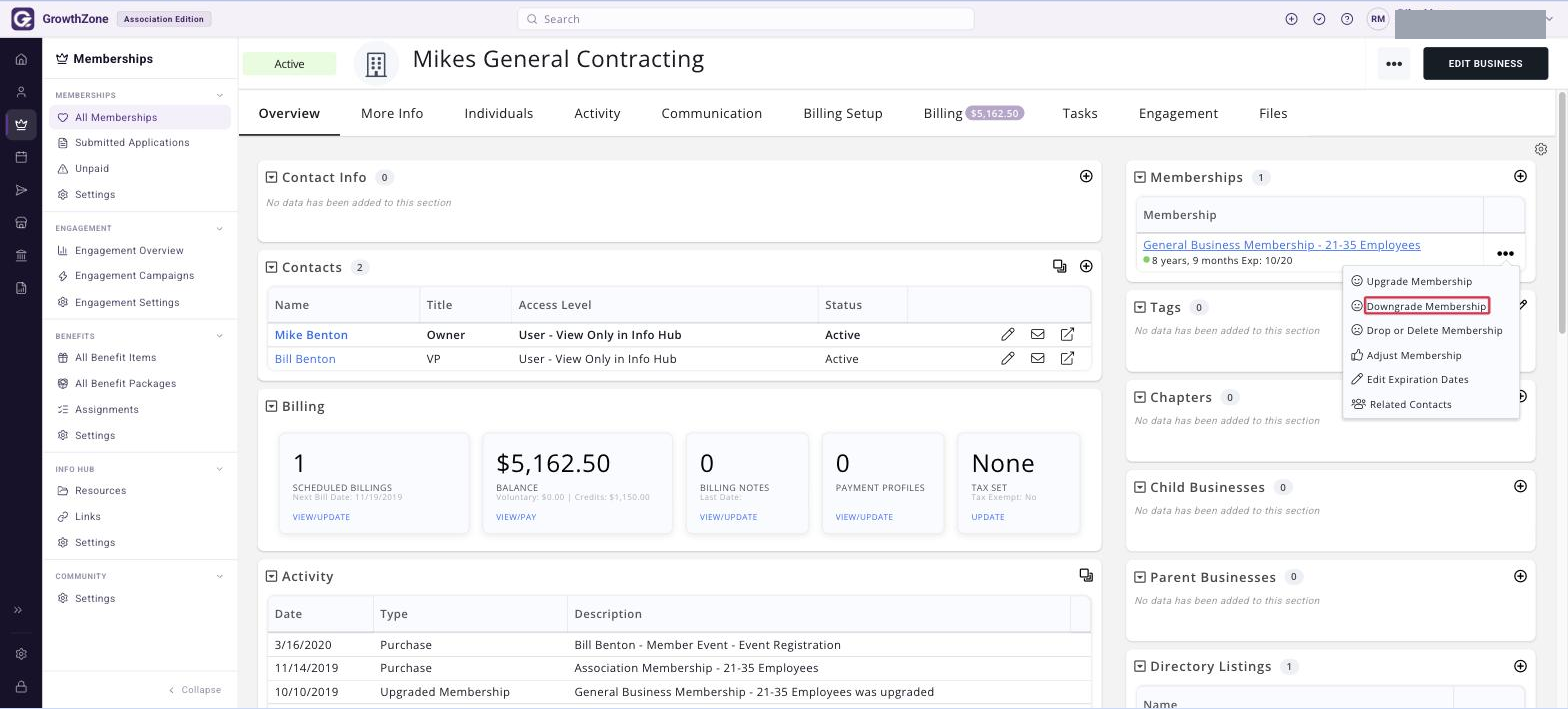 Memberships section on the member’s Overview tab with the ••• ACTIONS menu open and DOWNGRADE MEMBERSHIP boxed