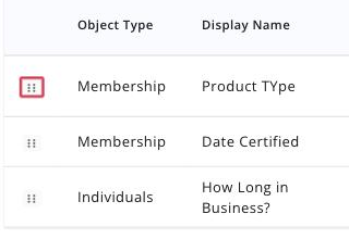 Close crop of the first column of the Membership Application Custom Fields list, the drag to reorder icon boxed in red