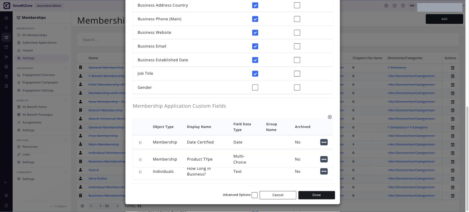 Membership Application Custom Fields section with a field mid-drag, showing the reordered list and the DONE button