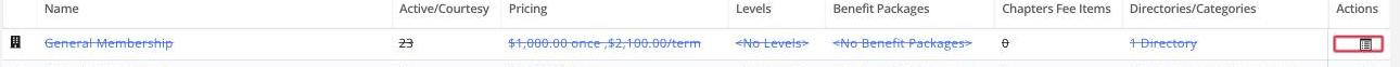 Close crop of one Membership Types grid row, Actions column icon boxed in red