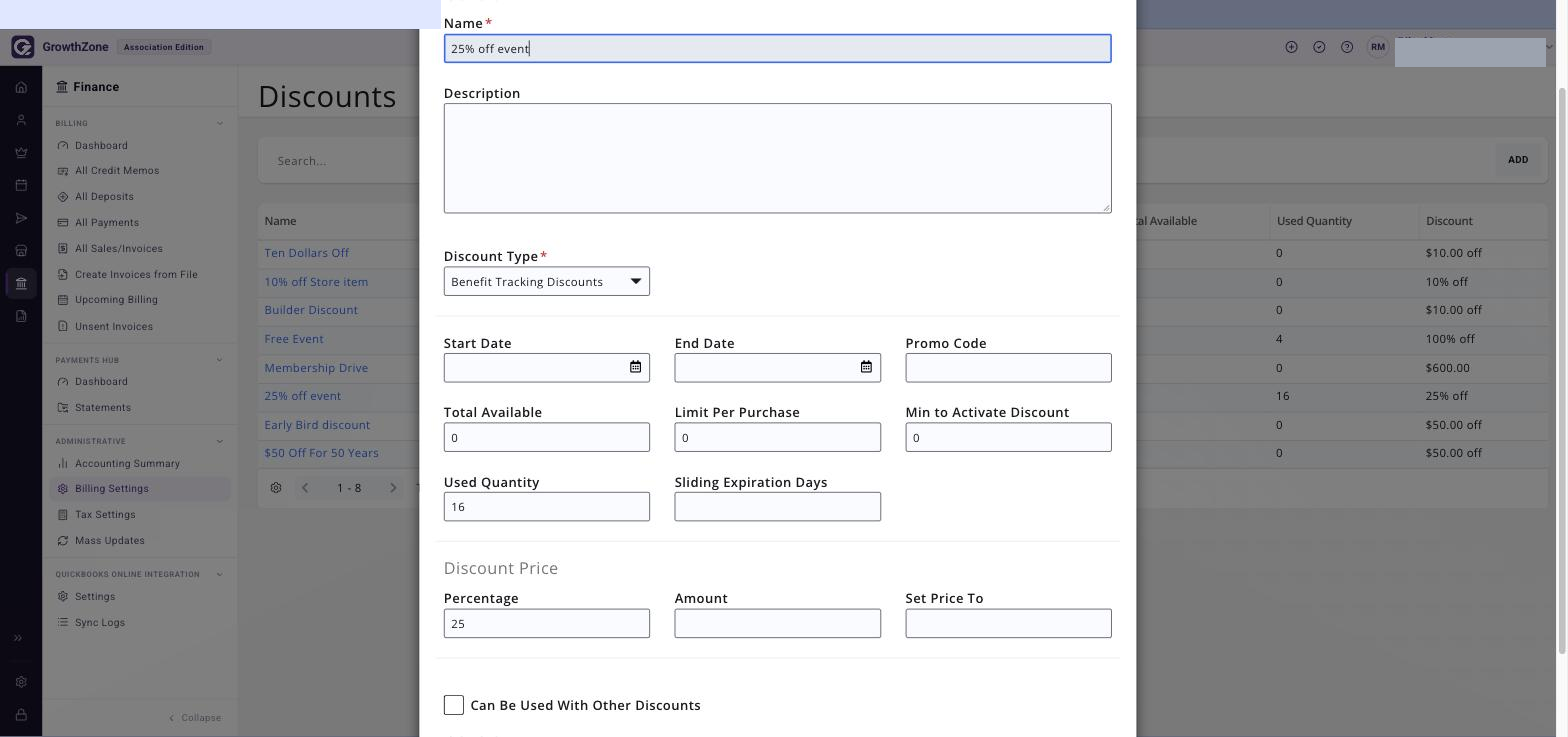 Discount entry window showing Name, Description, Discount Type, Discount Percent and the Can Be Used With Other Discounts option