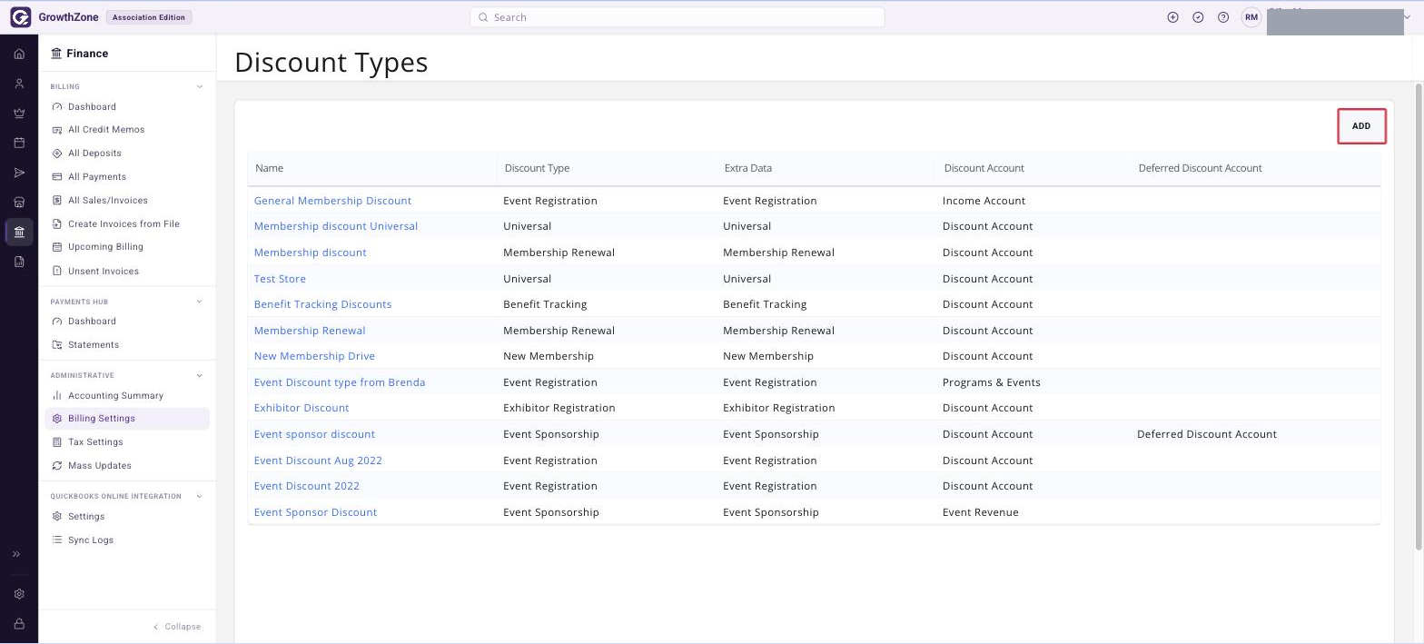 Discount Types list page with the ADD button boxed in red