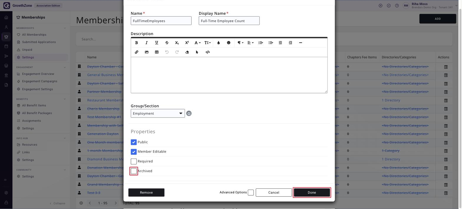Custom field edit window open, with the Archived checkbox and the DONE button boxed in red