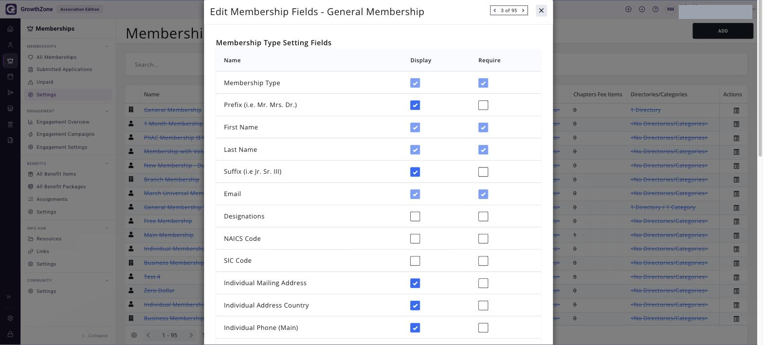 Standard application fields list on the membership type record, showing the display and required checkbox columns