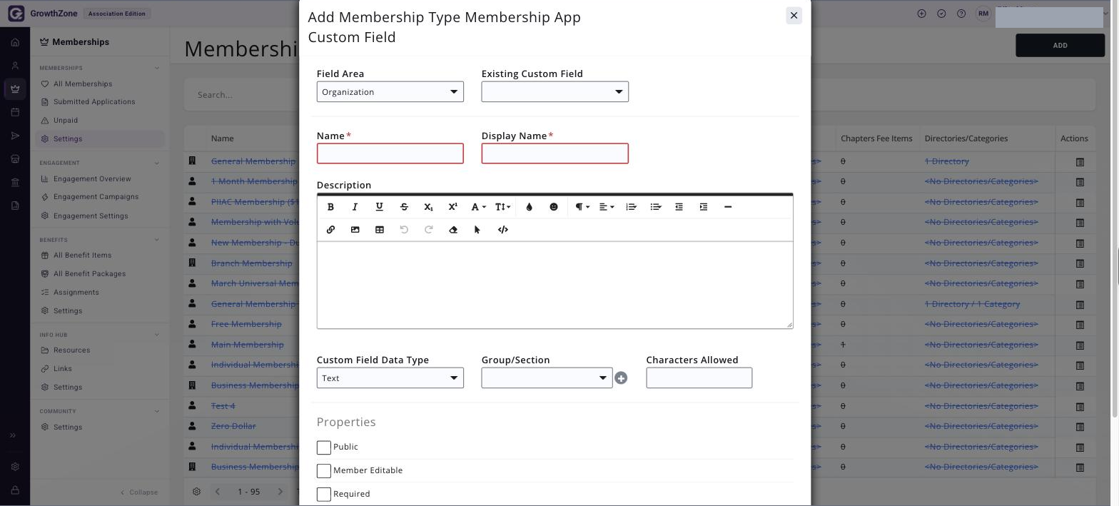 Custom field window open, showing the Existing Custom Field list and the field type selector