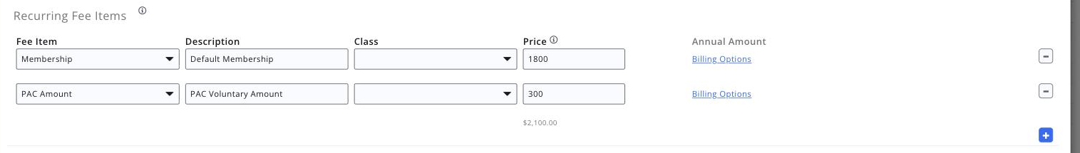 Recurring Fees grid on the membership type pricing screen, showing the Item, Description, Price and Billing Options columns