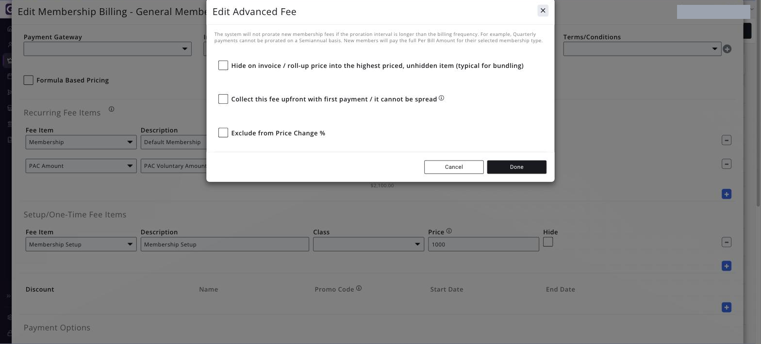 Billing Options dialog for a fee item with pricing set to NOT prorate, showing the three check-box options