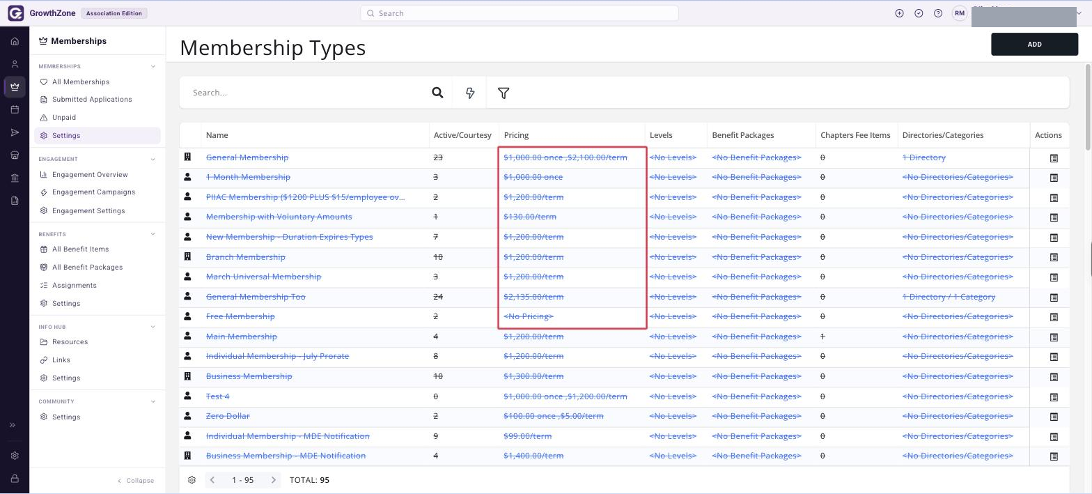 Membership Types grid with the Pricing column boxed, showing both a priced row and a <No Pricing> row