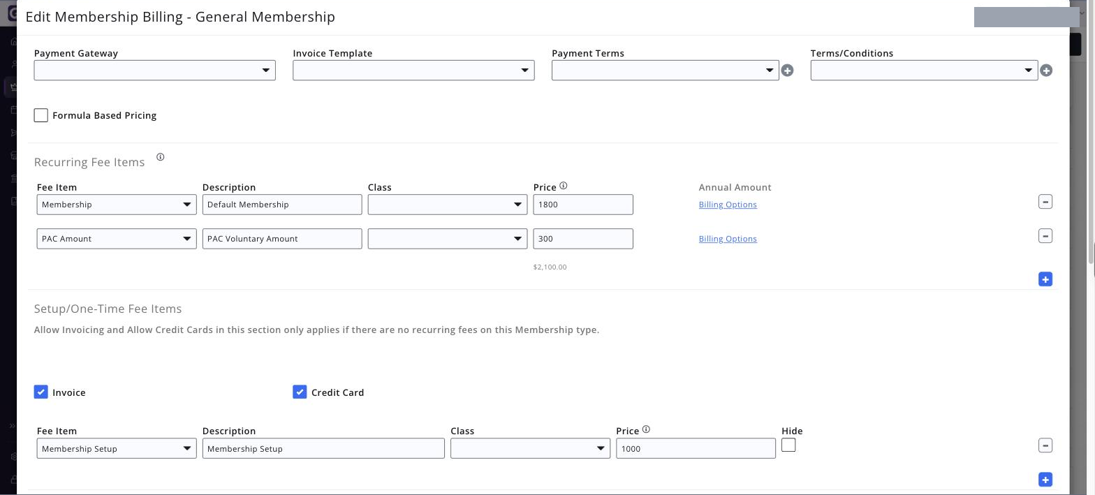 Membership type pricing screen showing the Payment Gateway, Invoice Template, Payment Terms, Terms/Conditions, renewal options and Default Option controls