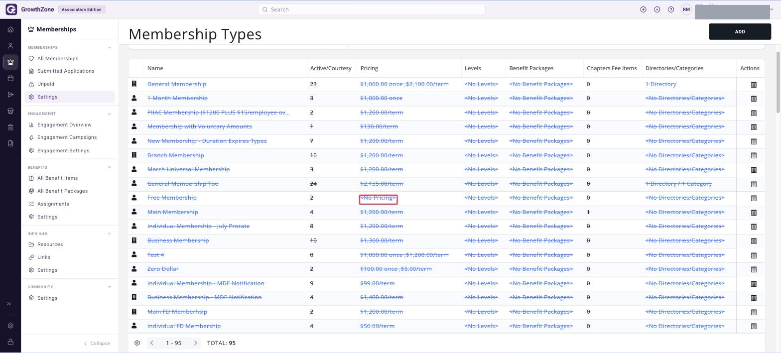 Membership Types grid with the <No Pricing> link in the Pricing column boxed for one membership type