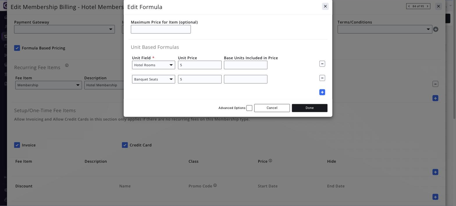 Completed EDIT FORMULA dialog showing two Unit Based Formulas rows — Hotel Rooms and Banquet Seats