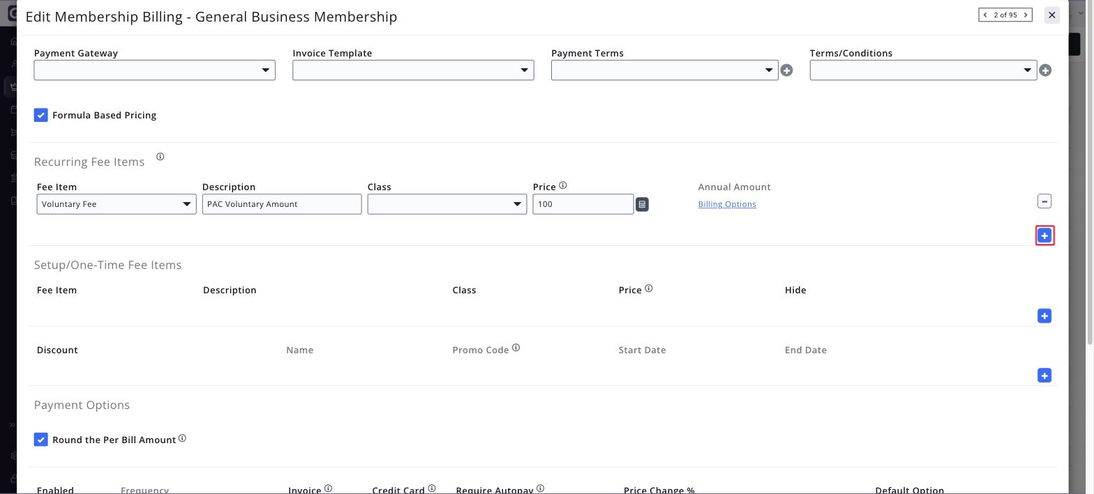 RECURRING FEE ITEMS section of the Edit Membership Billing window with the add icon boxed